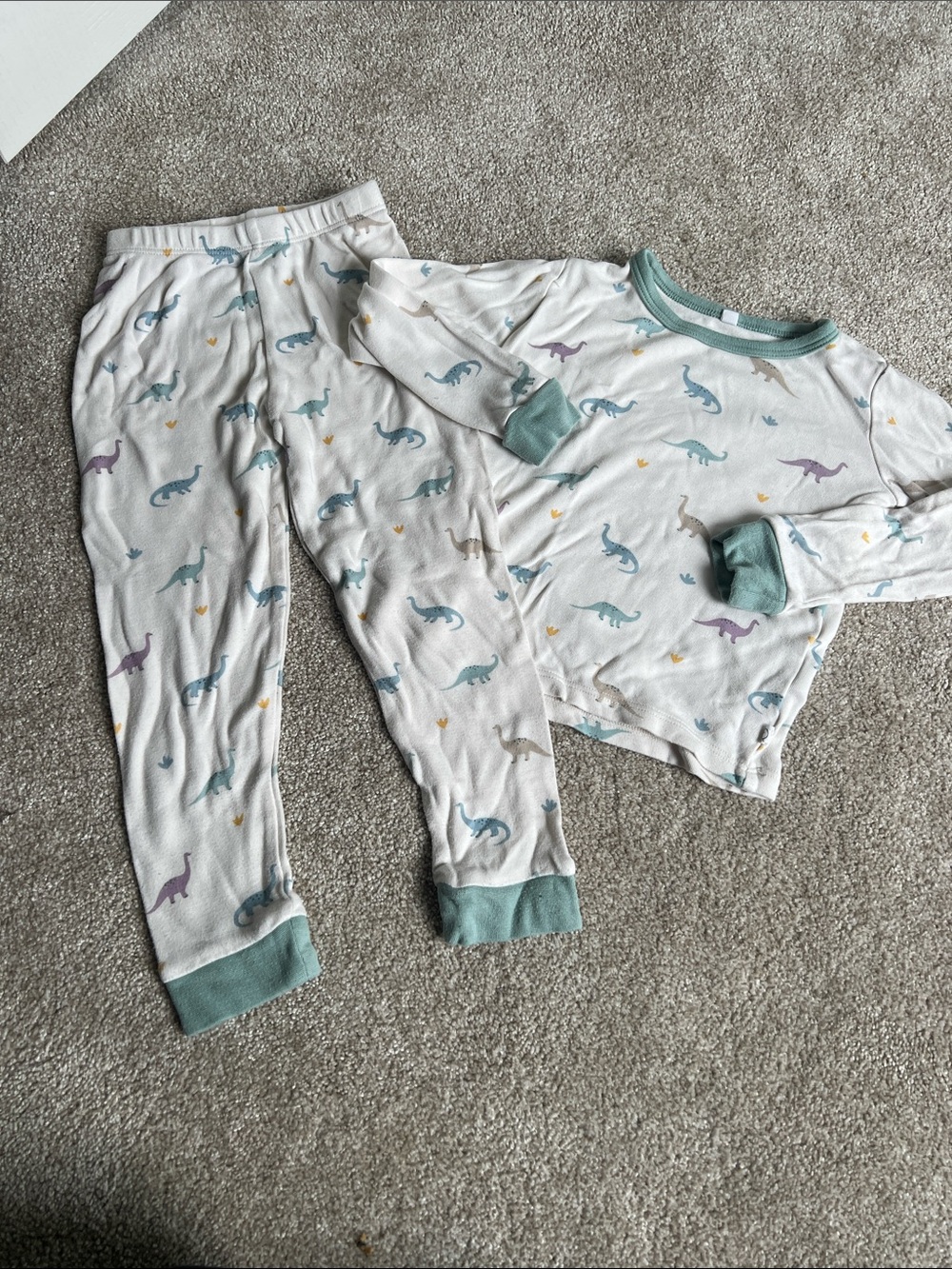 Kids White Dinosaur Pajama Set with Teal Trim